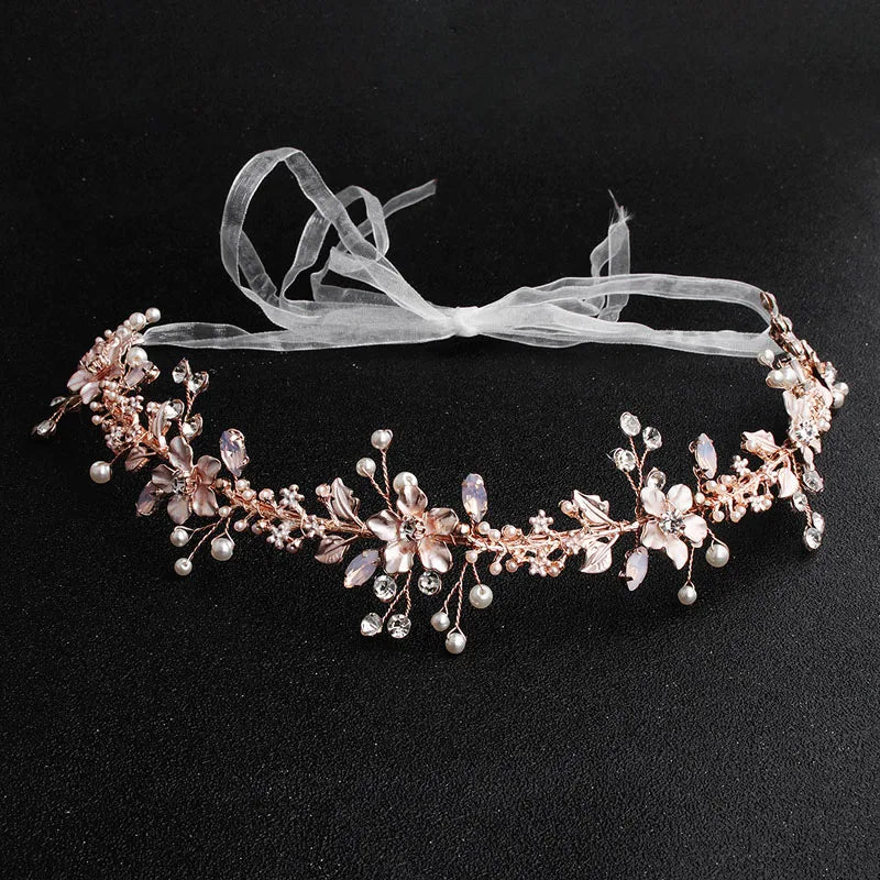 SLBRIDAL Rose Gold Crystal Rhinestones Pearls Floral Bridal Headband Wedding Hair Accessories Hairband Bridesmaids Women Jewelry