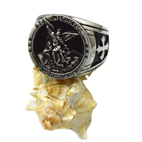 Vintage Battle Angel Michael Ring Stainless Steel Cluster with Gold Plating ST. MICHAEL PROTECT US Signet Featuring Cross