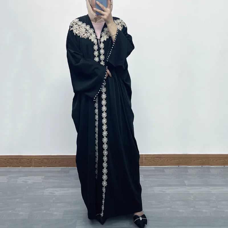 Wholesale Arab Fashion Design Embroidery Lace Women Black Abaya Lace Sleeves Dubai Black Loose Dress