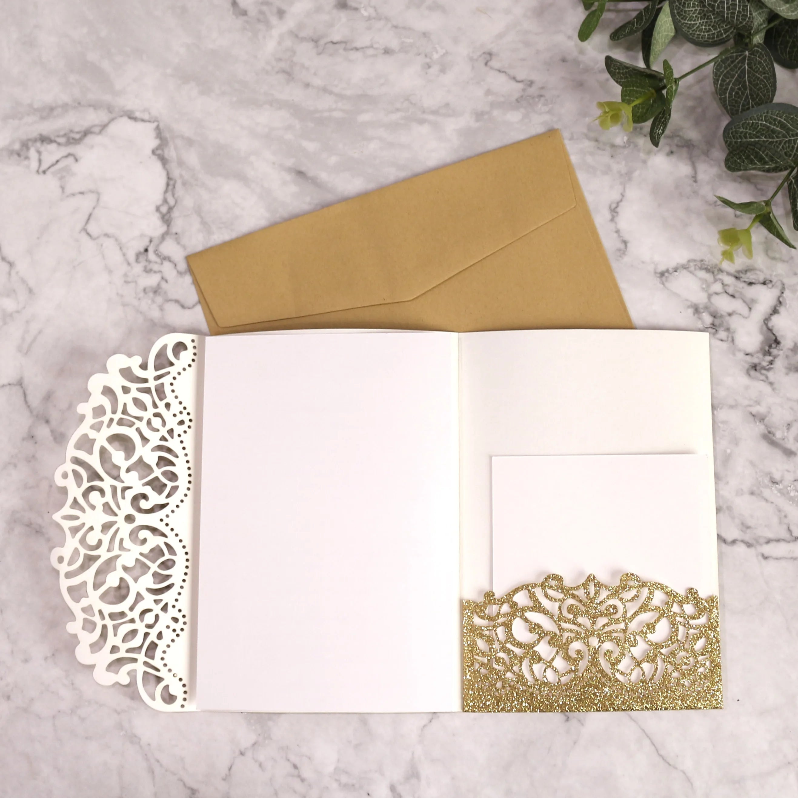Glitter Gold Paper Laser Cut Floral Pocket Greeting Cards with Envelope Customized Party Wedding Invitations
