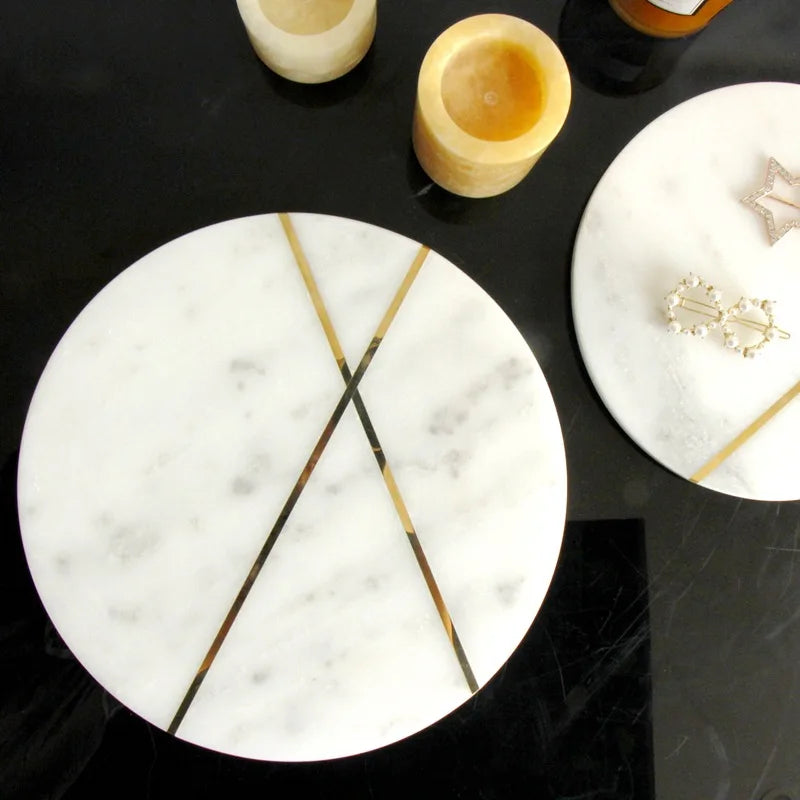 Wholesale Round Marble Stone Plate Aesthetic Marble Plate Dish Dinner Serving Plate Charge Tray with Two Brass Inlay