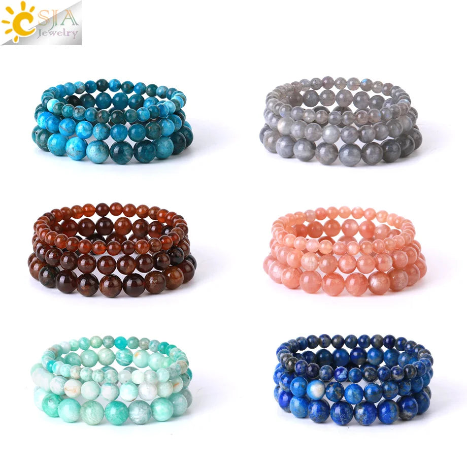 CSJA Hot Crystals Healing  Natural Sunstone Beaded Bracelets 6mm 8mm 10mm Genuine Gemstone Bead Bracelet Set for Women Men H085