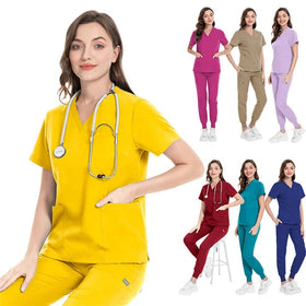 Unisex Oem logo Custom V-neck Top Jogger Pant Medical Surgical Hospital Doctor Nursing Workwear Stretch Scrub Uniform Scrubs Set
