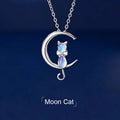 Cute Tarnish Free Silver Plated Stainless Steel Rainbow Moonstone Lucky Moon Cat Pendant Necklace Jewelry for Women