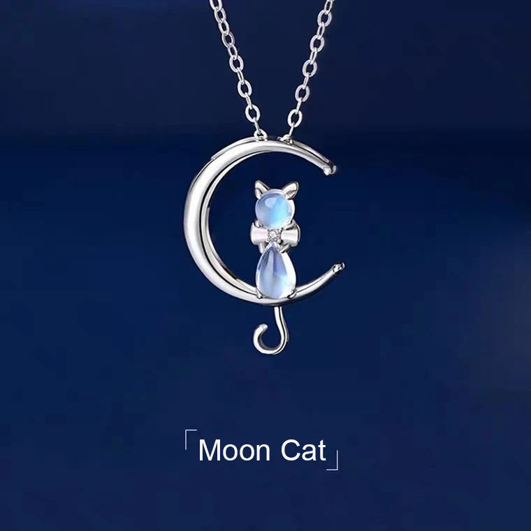 Cute Tarnish Free Silver Plated Stainless Steel Rainbow Moonstone Lucky Moon Cat Pendant Necklace Jewelry for Women