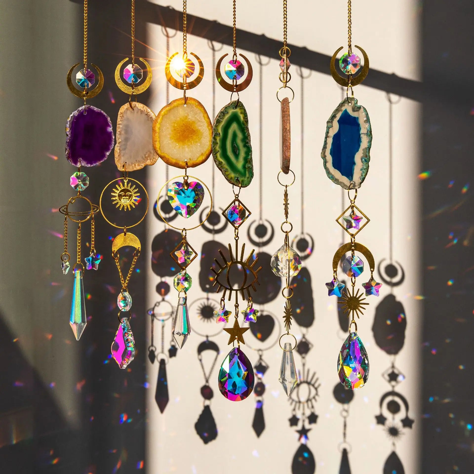 Crystal Natural Agate Slice Sun Catcher Wind Chimes Hanging for Home Garden Decor Crystal Hanging Ornament Crafts