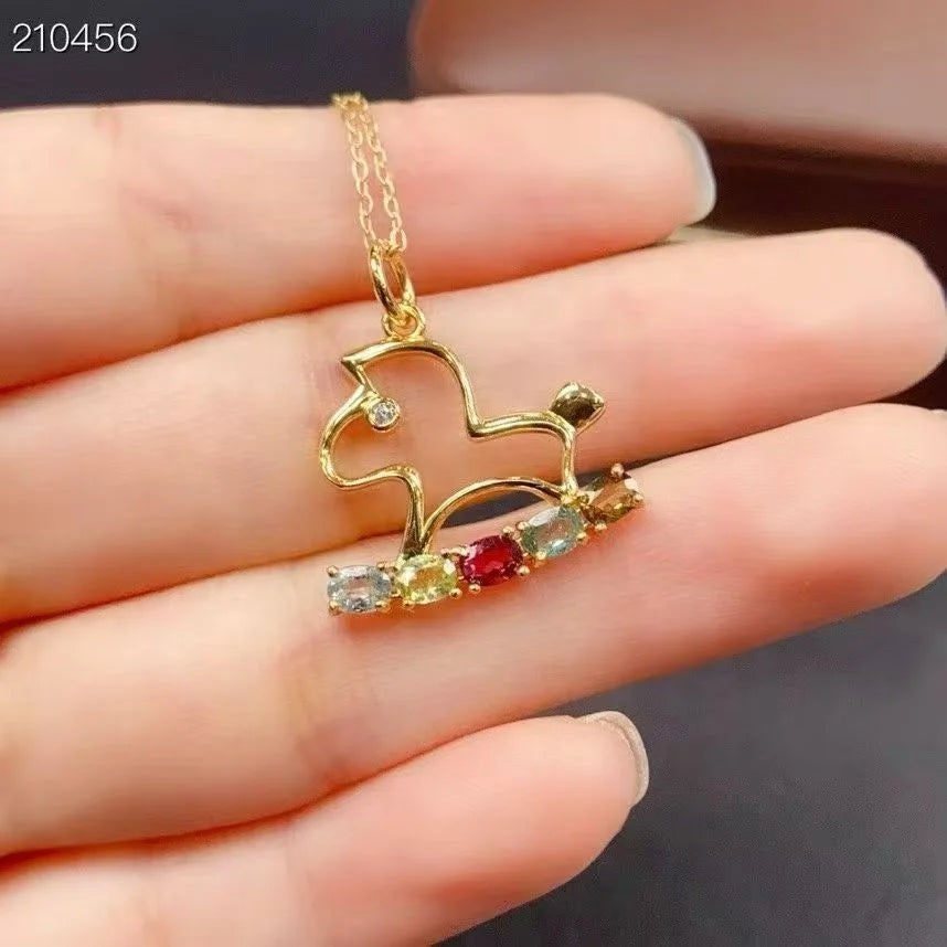 18k Gold Plated S925 Sterling Silver Natural Multi-Color Tourmaline Horse Charm Pendant