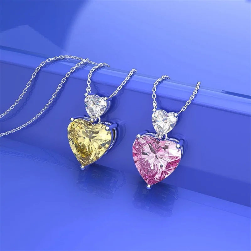 CAOSHI Wholesale Custom Pink Yellow Crystal Silver Plated Cubic Zirconia CZ Women Romantic Love Double Heart Pendant Necklace
