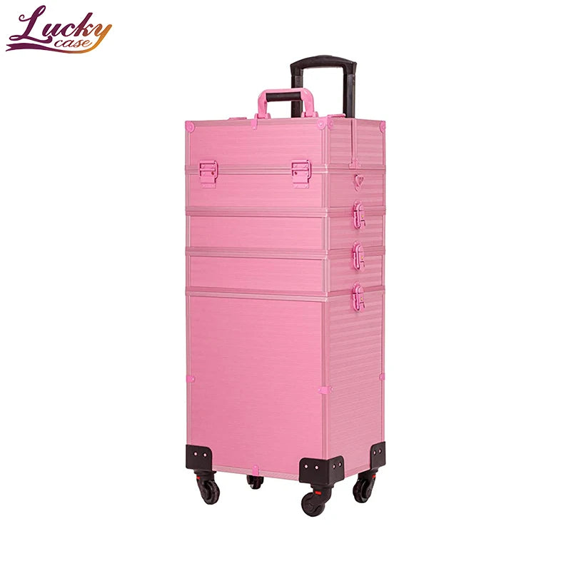 Professional Beauty 4 in 1 Portable Travel Organizer With Key Lightweight Rolling Aluminum Makeup Train Case Nail case Trolley