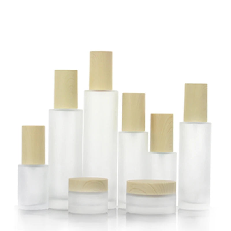 20g 30g 50g Natural Bamboo Lids Lotion Toner Bottles Empty Refillable Cosmetic Container Frosted Glass Cream Jars