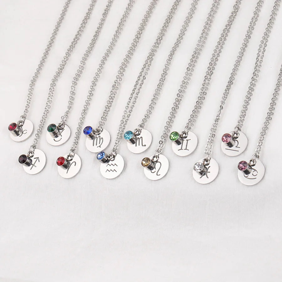Stainless Steel Silver Plated 12 Zodiac Sign Disk Pendant Necklace Crystal Birthstone Zodiac Pendant Necklace