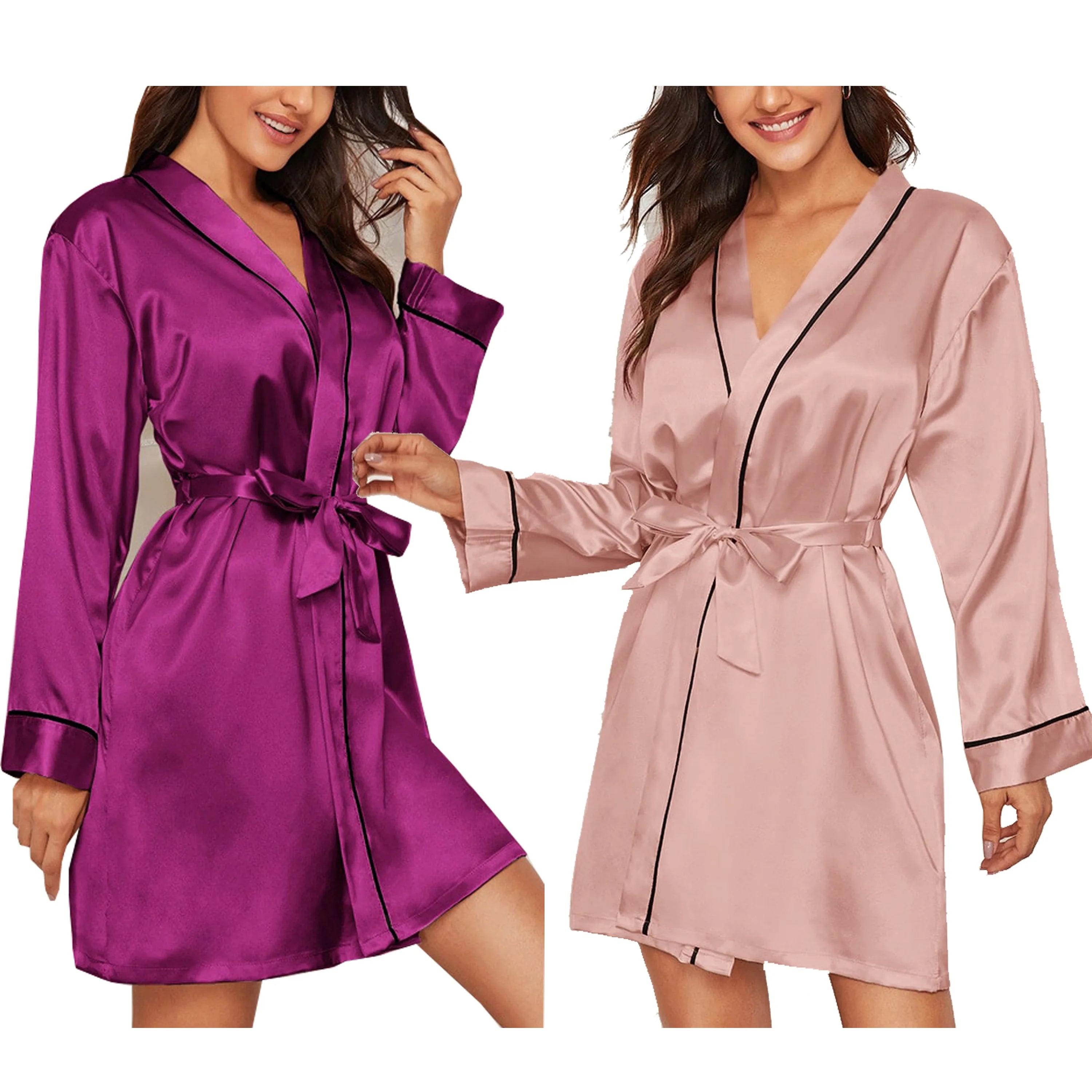 Women Summer Spring Wedding Bridal Satin Robe Solid Color Long Sleeves Quick Dry with Piping