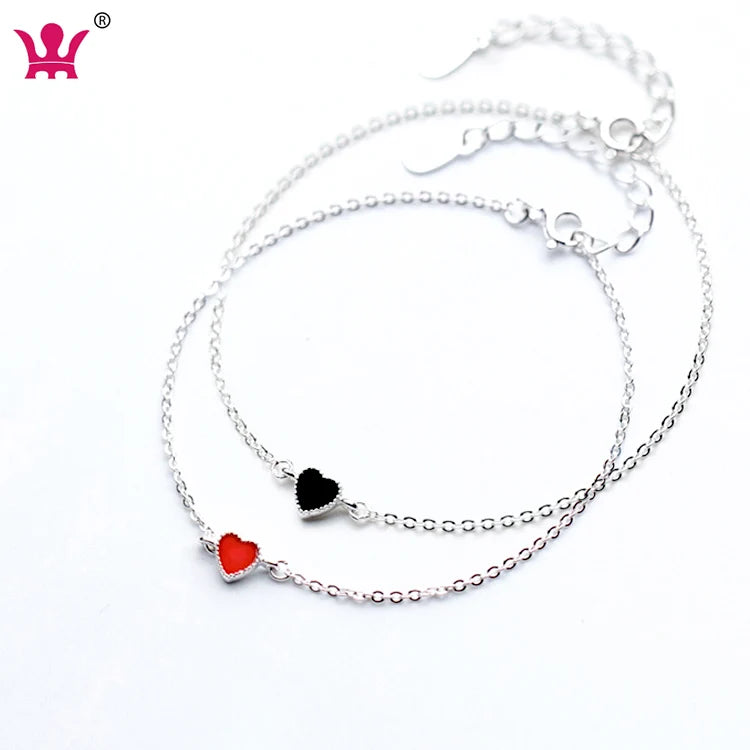 Simple and Sweet Love Sterling Silver 925 Black or Red Colour Heart Bracelet for Girls Students