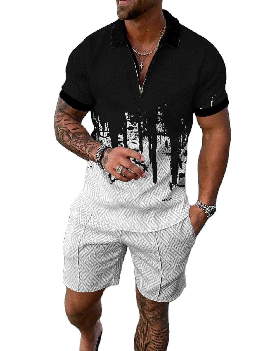 Men's Summer Black White Gradient Drip Print 2 Piece Outfit Zip Polo Shirt & Shorts Set for Summer Streetwear