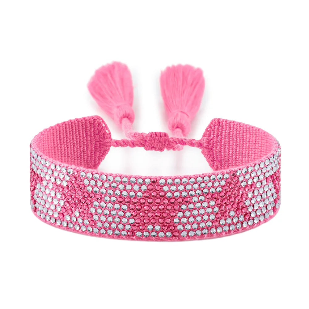 Crystal Handmade Rhinestone Star Pattern Design Custom Woven Tassel Bracelets Wristbands With Tassel for Festival Party