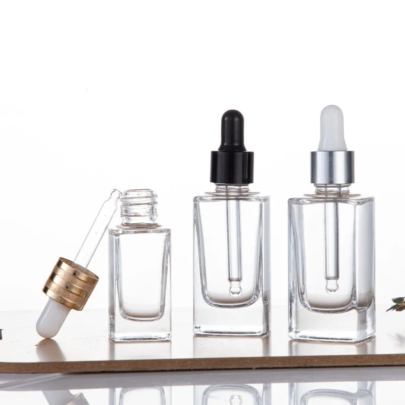 30ml Flat Square Glass Skincare Packaging with Rubber Stopper for Hair Oil Eye Cream and Eye Drops Square Dropper Bottle