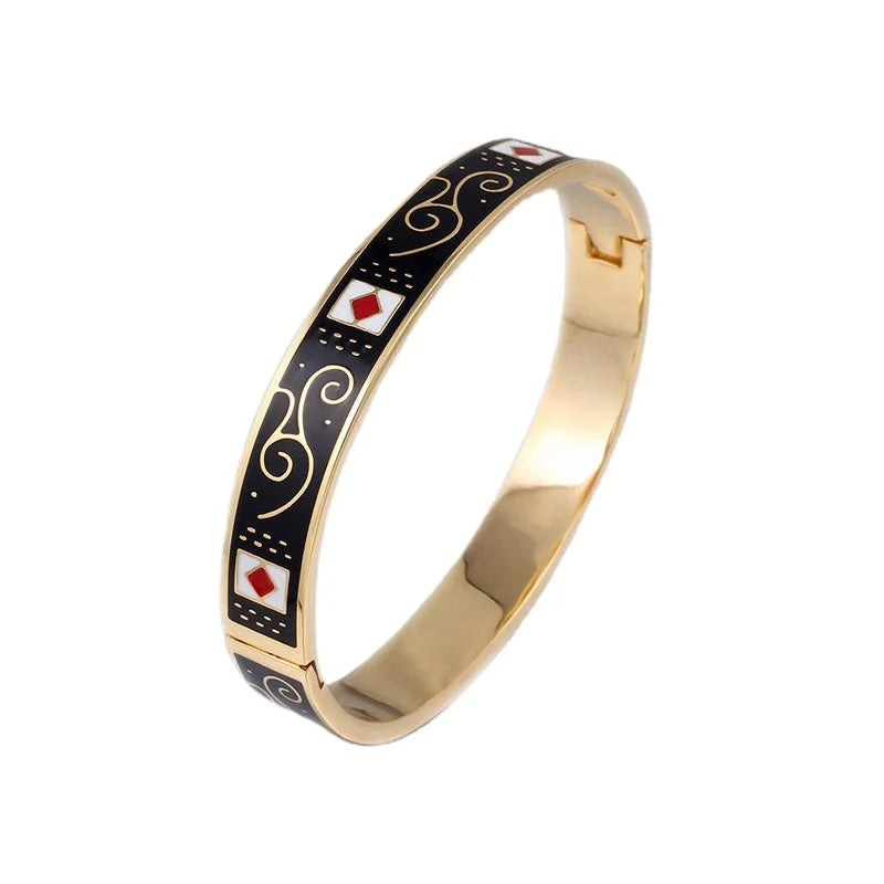 Personality Stainless Steel Enamel Bangle Bracelet with Engraved Poker Card Design Gift Jewelry Accessories