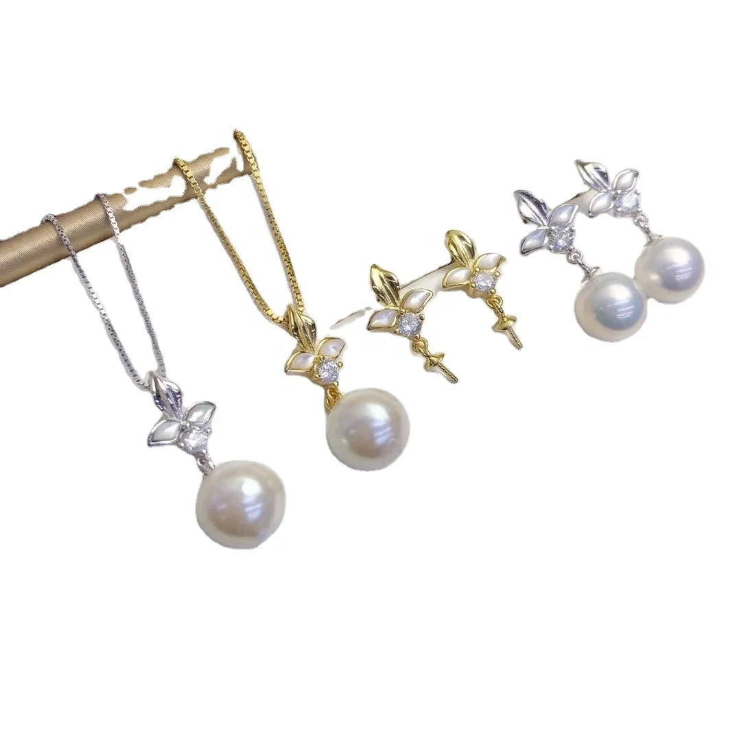 JW084 8-12mm  DIY Natural Real Freshwater Pearl Set Charm  Accessories 925 Sterling Silver  Gold Plated Jewelry Set for Women