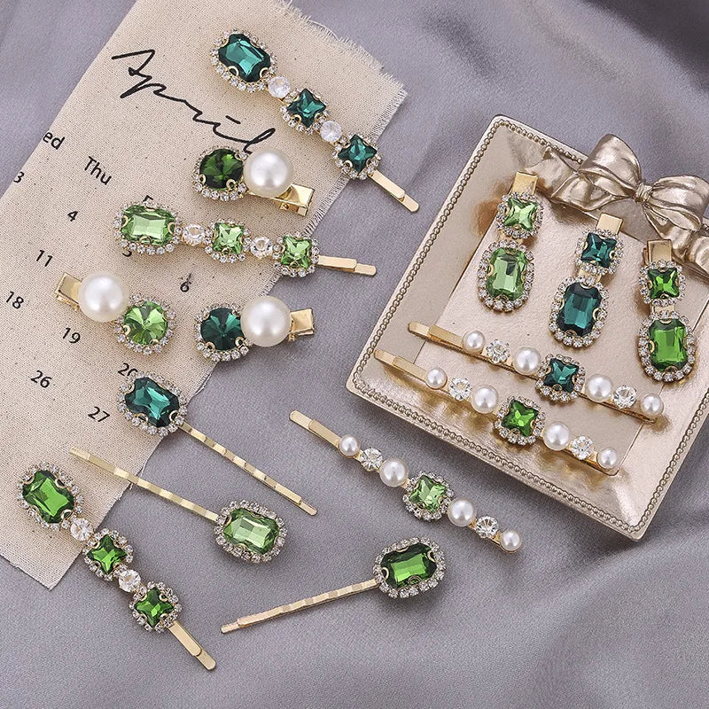 Wholesale Retro Green Series Hairpin Pearl Hair Accessories Luxury Rhinestone Hair Clips for Girls