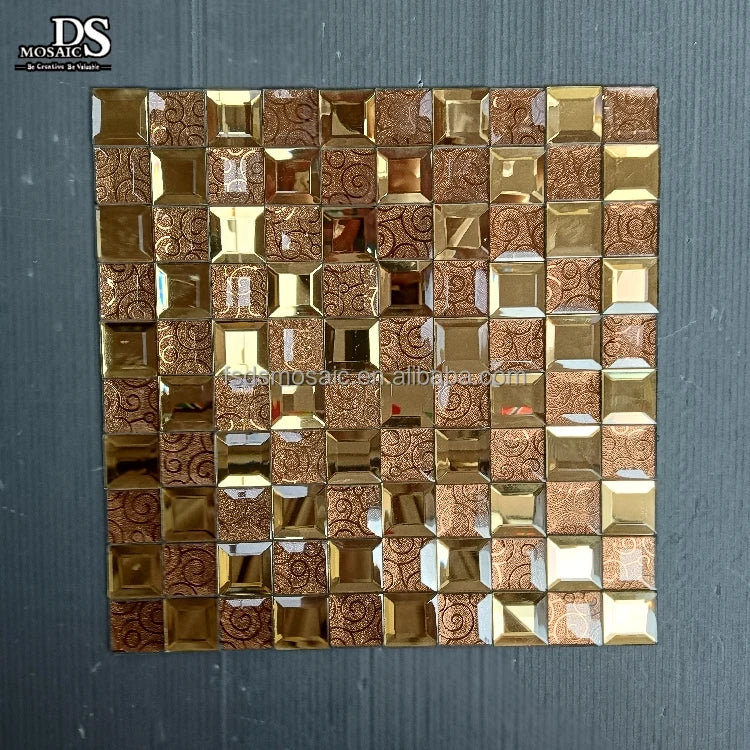 Rose Gold Color Square Shape Self Adhesive Backsplash Wall Tile Mirror Glass Tiles Mosaic