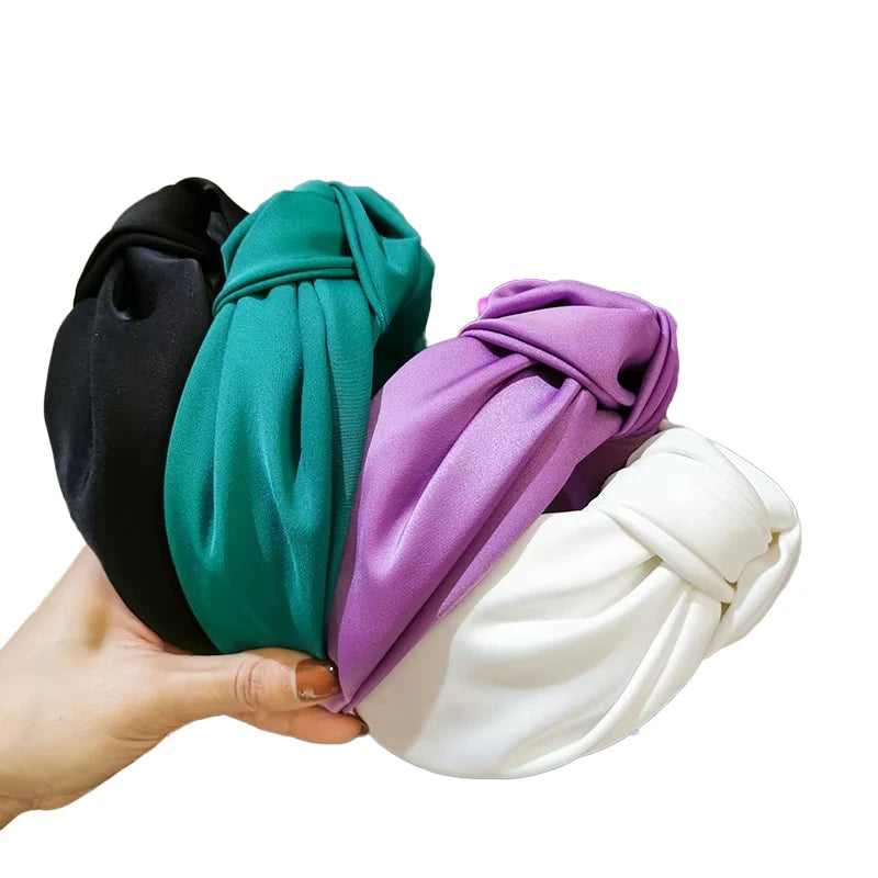 Gilr Fashion Lady Korean Solid Color Knotted Ribbons Satin Headbands Wide Brim Knot Headband for Women