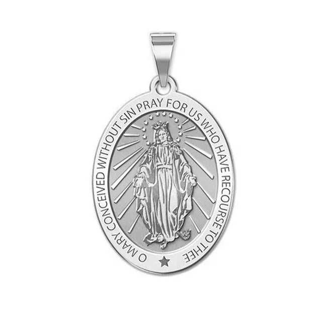 Yiwu Aceon Exclusive Stainless Steel Oval Medal Gold Plated Virgin Mary Pray for Us for Miraculous Pendant with Zircon Main Ston