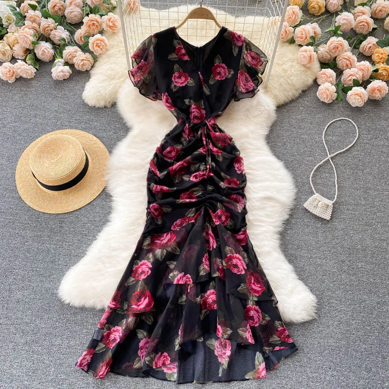 Casual Floral Mermaid Maxi Dresses Women's Summer Clothing Chiffon Short Sleeve Long Dress Women Lady Elegant