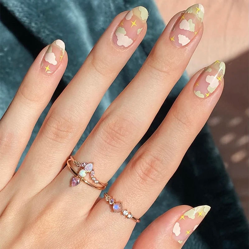New Arrival Cloudy Print Nail Tips Short Oval Full Cover ABS Press-On Coffin Pattern Ballet Shape Model DIY Design for Fingers