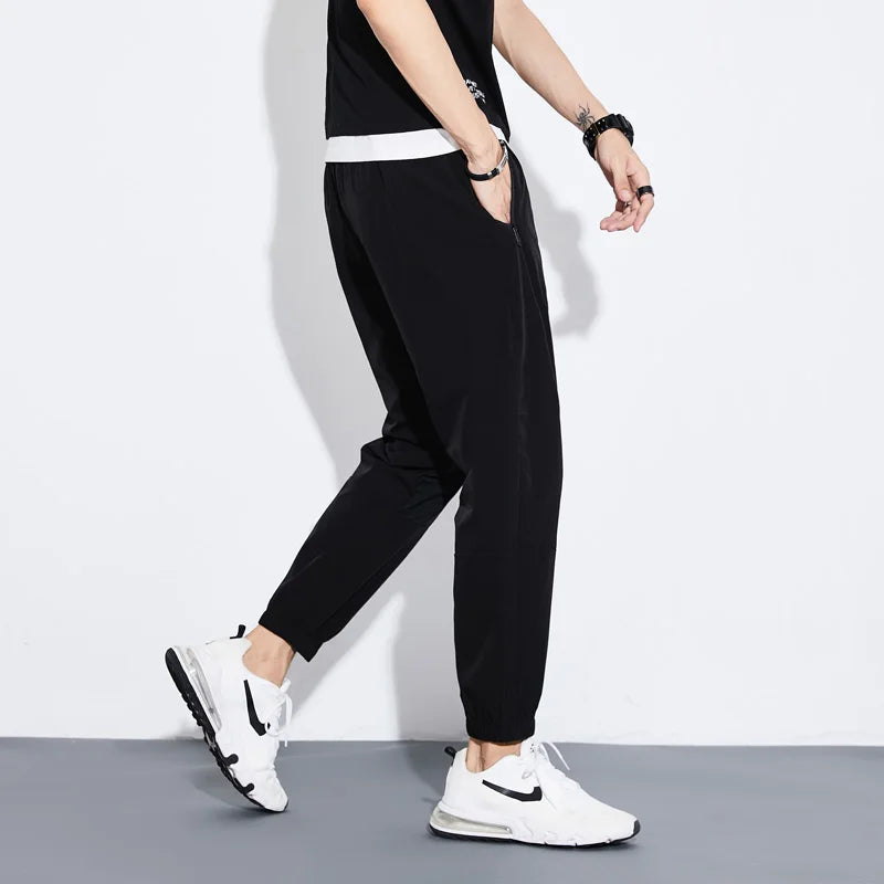 Long Elastic Waist Mid Sport Pants Black Mens Gym Track Joggers Casual Fitness Sportswear Work Nylon Spandex Quick Dry