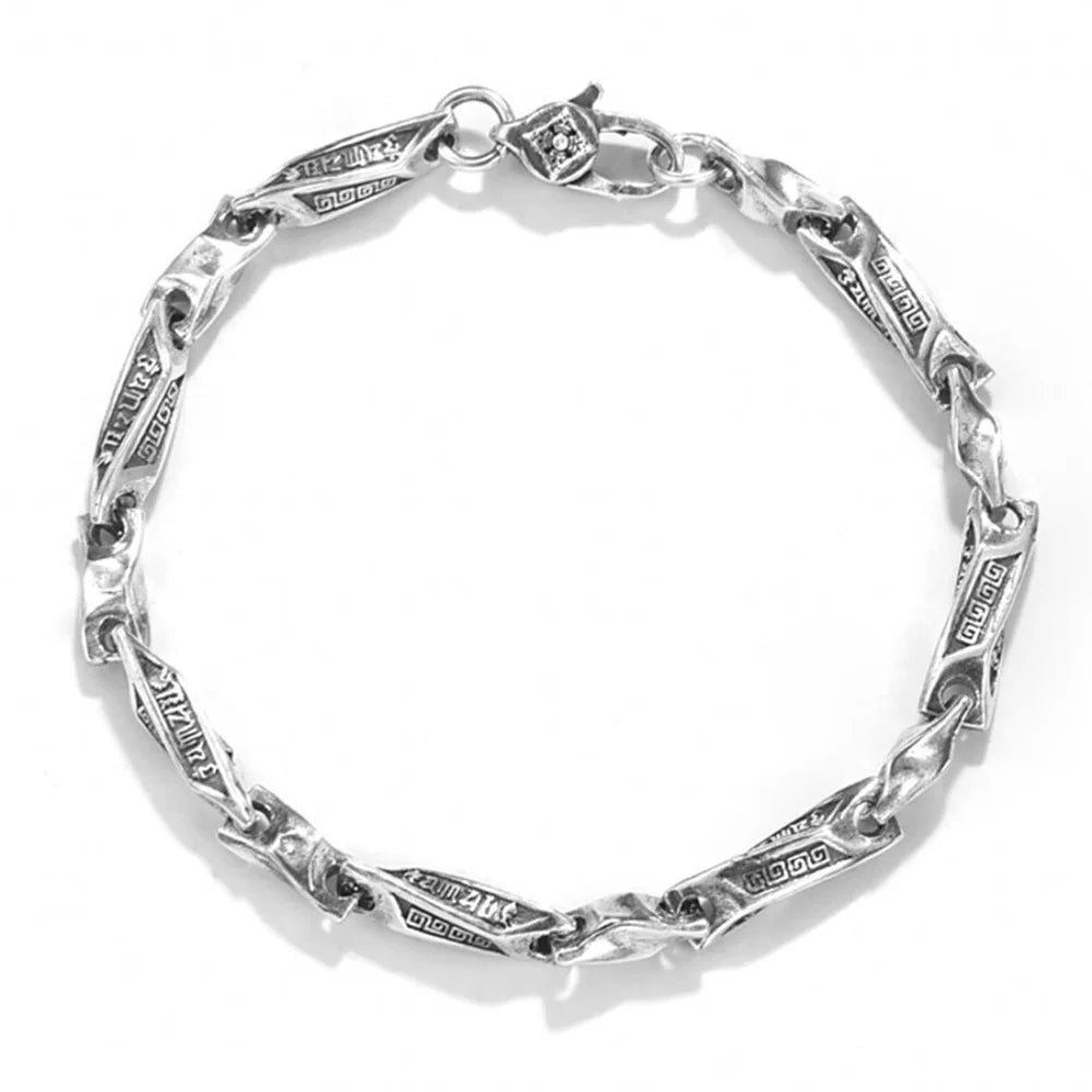 Wholesale S925 Sterling Silver Bracelet Necklace Men Retro Making Om Mani Padme Hum Punk Six Word Mantra Rock Hiphop Jewelry