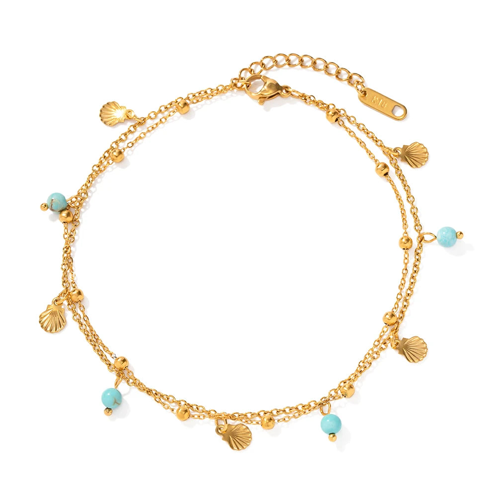 New Arrival Stainless Steel Anklet Beach Jewelry Gift Stainless Steel Turquoise Stone Pendant Seashell Charm Anklet