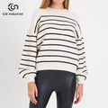 Wholesale Custom Knitted Women's Long Sleeve Pullover O Neck White Black Striped Design Casual Lantern Front Winter Sweater