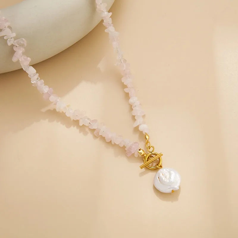 Dainty Rose Quartz Stone Necklace Natural Stone Red Jasper Irregular Beaded Necklace Baroque Pearl Charm Jewelry for Women Girls