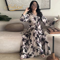 2026 Dubai Luxury Beige Black Floral Print Muslim Long Dress V Neck Bell Sleeve Modest Abaya