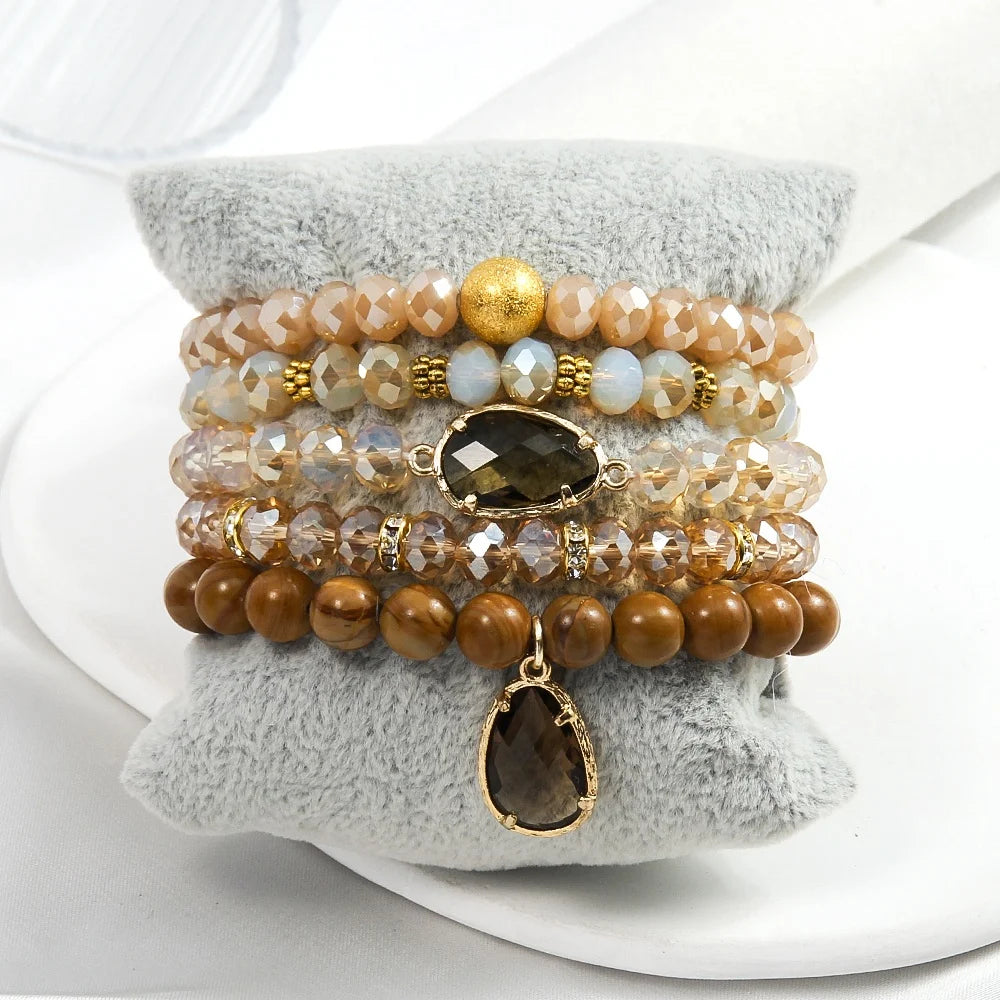 New Simple Bohemian Women Jewelry 8mm Natural Stone Shining Glass Handmade Beaded Elastic Bracelet 5pcs Stacked Bracelet Set