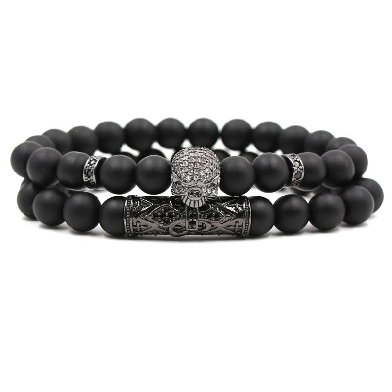 Popular Fashion Jewelry Elastic Bracelet Micro-Inlaid Zircon Curved Pipe Micro-Inlaid Skull Set Frosted Stone-Bangles Bracelets