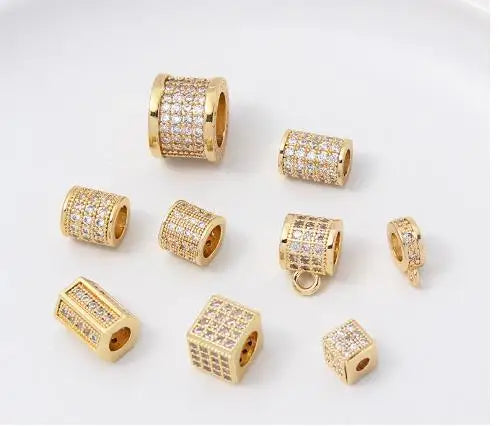 HOT Sale 14K Gold Plated Brass CZ Cylindrical Perforated Beads Charms for Bracelet Necklace Making