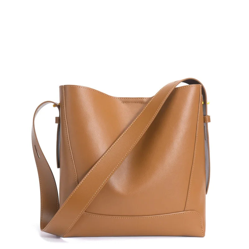 Custom Luxury Genuine Calf Leather Simple Square Handbag Manufacturer Women's Bucket Bags Ladies Shoulder Bags Lining Tote Bags