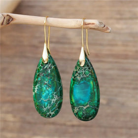 Casual Natural Stone Green Teardrop Jasper Drop Hook Earrings Women Bijoux Geometric Bohemian Earrings Wholesale