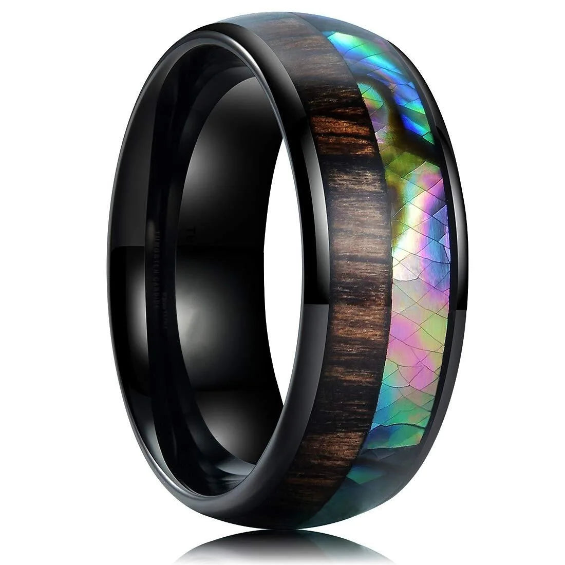 8mm Titanium Steel Colorful Shell Finger Ring  Black Inlaid Wood Grain Color Shell Men Titanium Steel Ring