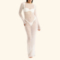 Summer Holiday Solid Woolen Eco-Friendly Maxi Cover-ups Crochet Crew Neck Full Sleeve Bodycon Backless Beach White Dress Women