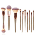 Private Label 10-Piece Double Sided Makeup Brush Set with Plastic Handle Champagne Color Synthetic Fibre for Face & Concealer