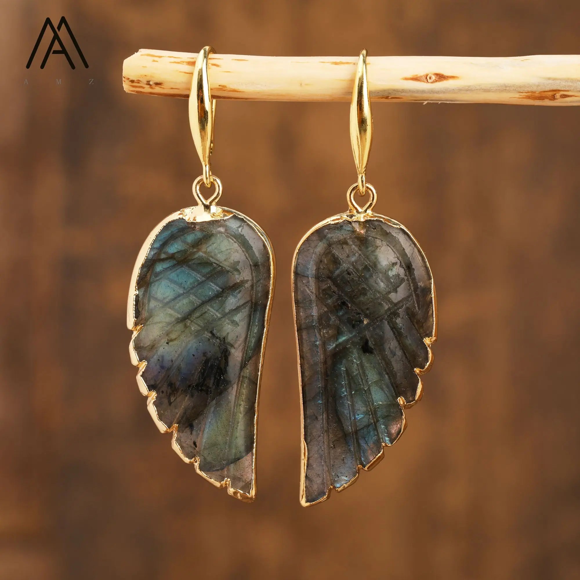 Crystal Wing Earrings Gold Plated Rainbow Fluorite Flash Labradorite Natural Stone for Women Wedding Party Gifts