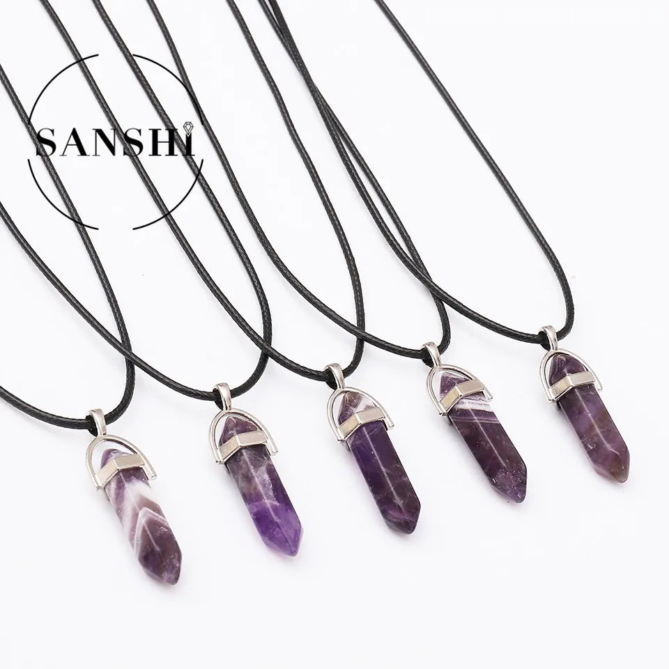 Hot Sale Classic Style Amethyst Hexagonal Column Stone Pendant Natural Crystal Pendants