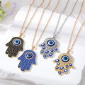 Ethnic Gold Plated Hollow Hand Shaped Necklace Rhinestone Evil Eyes Hamsa Hand Pendant Necklace Women