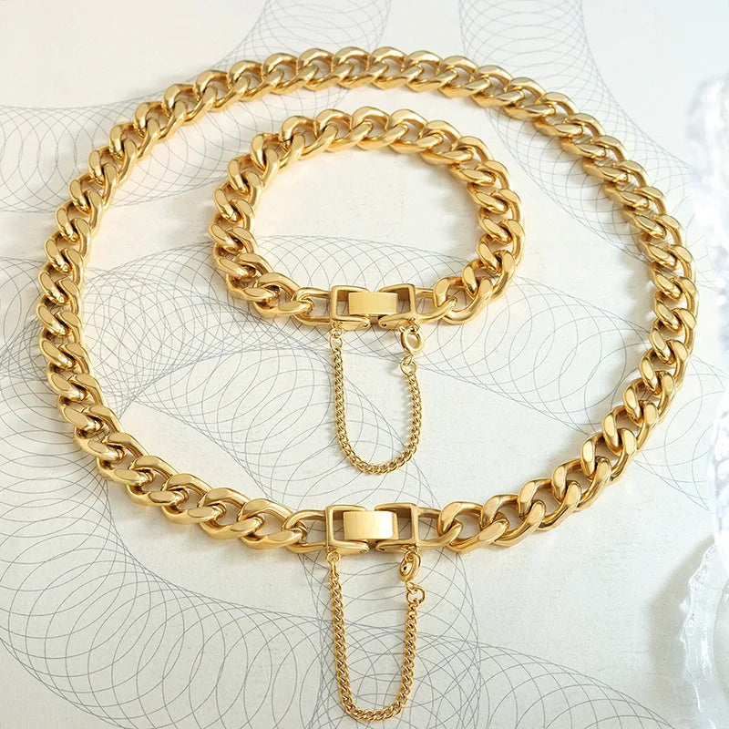 Ins Style Exaggerated Necklace Jewelry Set Titanium Steel Lovers Necklace Tassel Buckle Thick Chain Collier En Acier Inoxydable