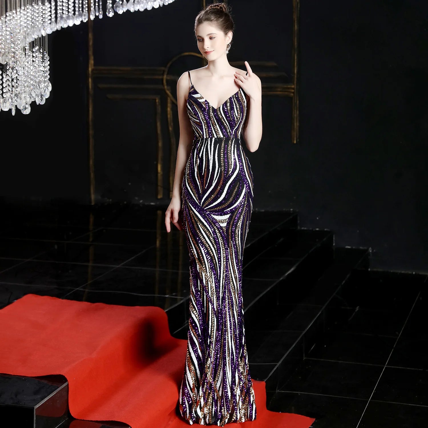 16002# High-end Big Name Sequin Stripes Matching Color Slim-fit Dinner Host Annual Campanile Long Dress Woman