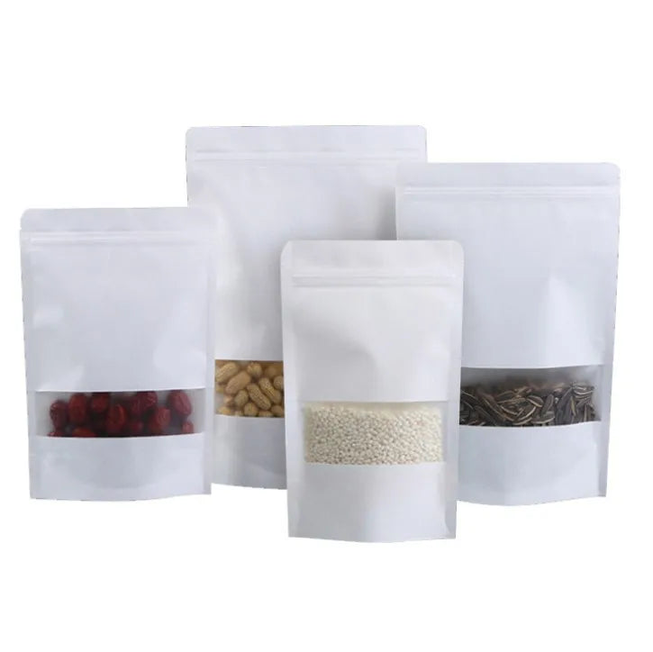 White Kraft Paper Zip Lock Plain Heat Sealable Food Packaging Doypack Pouches Bags With Matte Window