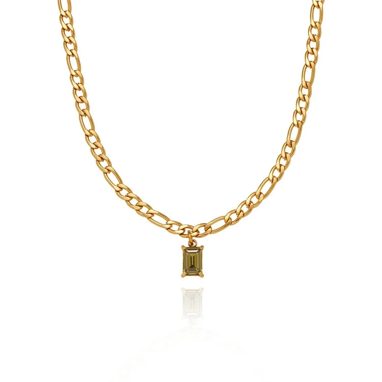 Fashion Fine Jewelry Crystal Necklace Vintage Gold Plated Stainless Steel Figaro Chain Green Zircon Pendant Necklace