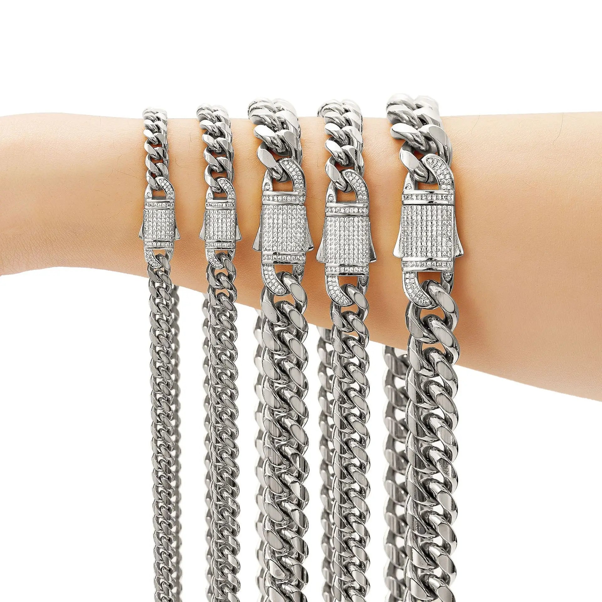 6mm8mm10mm12mm14mm Cuban Chain Stainless Steel Natural Encryption Spring Buckle Micro-inset Zircon Polished Chain